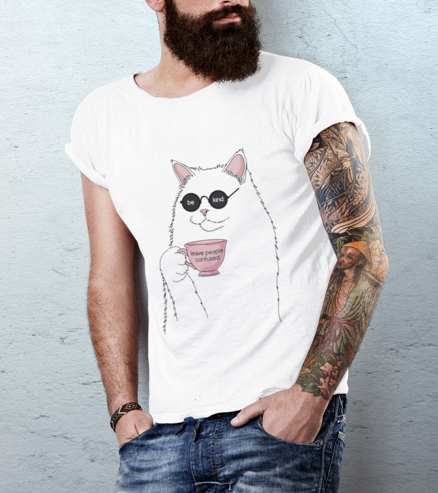 Cat With Sunglasses Holding 'Leave People Confused' Coffee Cup T-Shirt