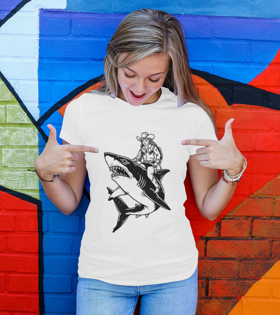 Cowgirl Riding Shark Novelty T-Shirt