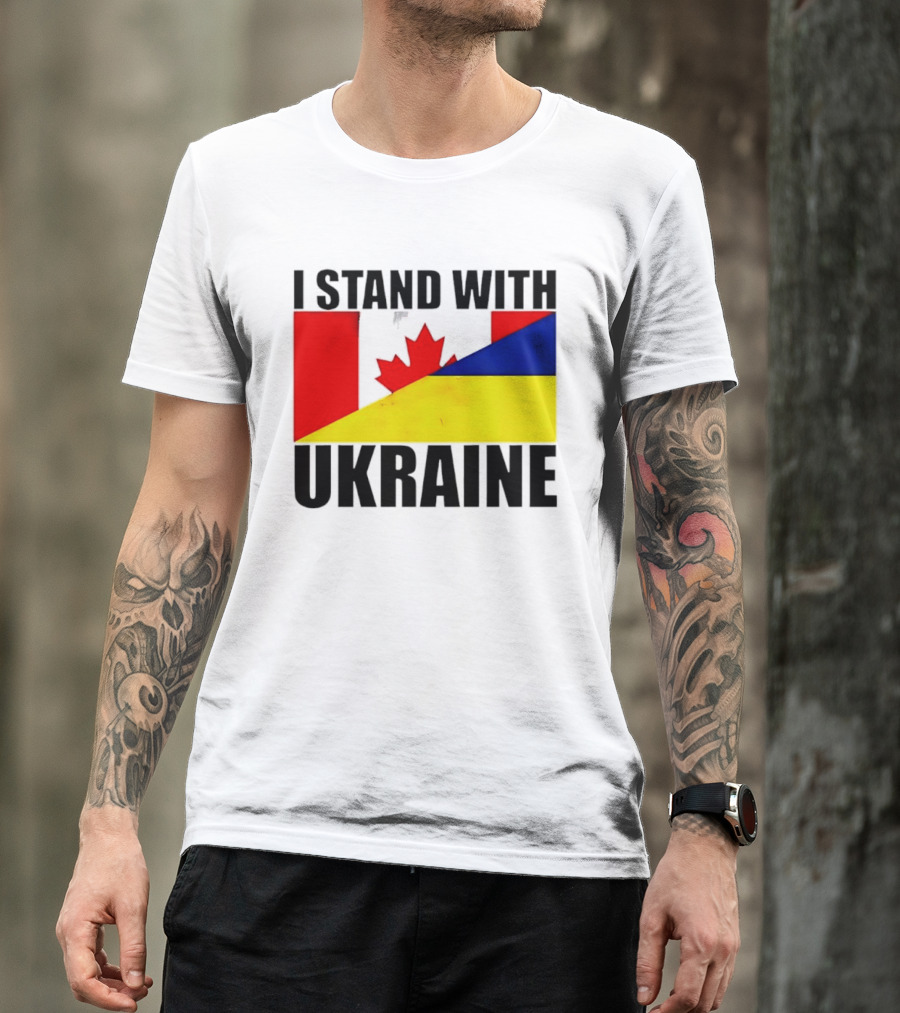 I Stand With Ukraine Canada Flag Maple Leaf Yellow Blue T-Shirt