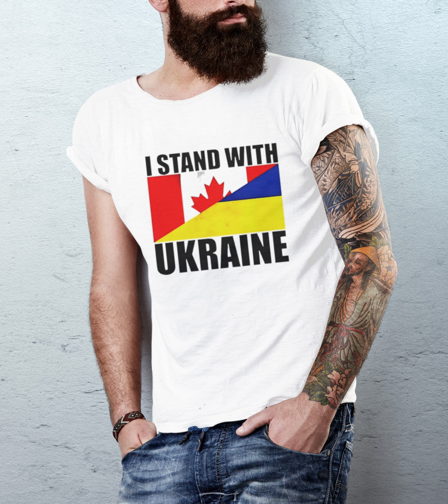 I Stand With Ukraine Canada Flag Maple Leaf Yellow Blue T-Shirt
