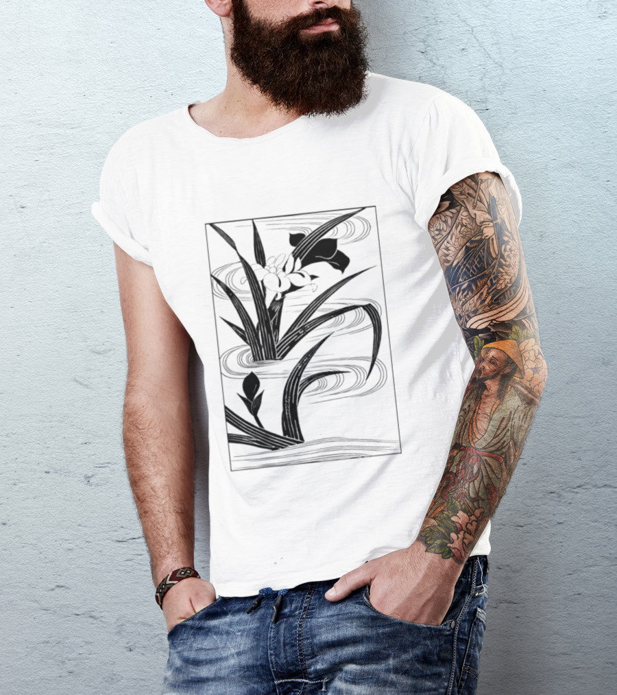 Japanese Black And White Irises In Water With Flowing Waves T-Shirt