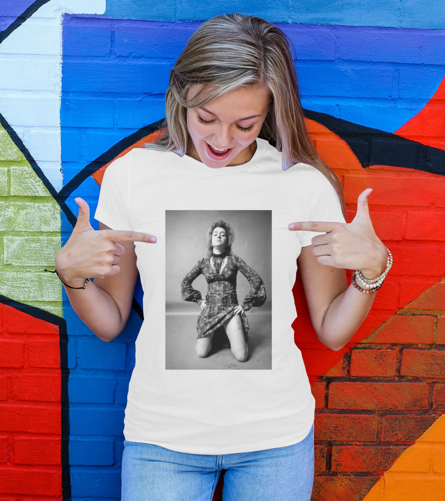 Valie Export Iconic Performance Tribute Kneeling Image With Patterned Dress And Belt T-Shirt