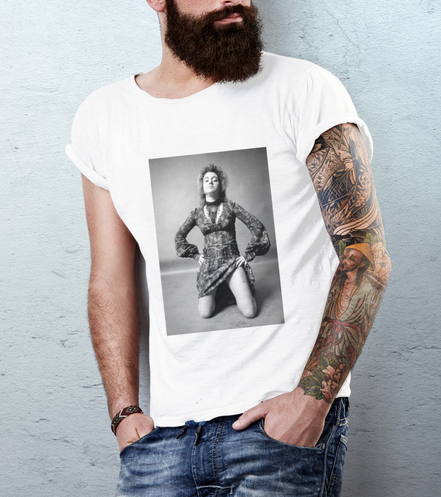 Valie Export Iconic Performance Tribute Kneeling Image With Patterned Dress And Belt T-Shirt