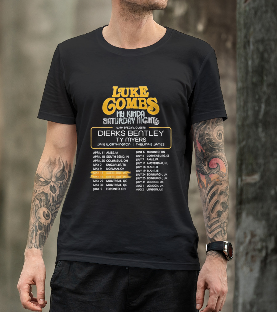Luke Combs My Kinda Saturday Night Tour 2026 Green Bay Featuring Dierks Bentley T-Shirt