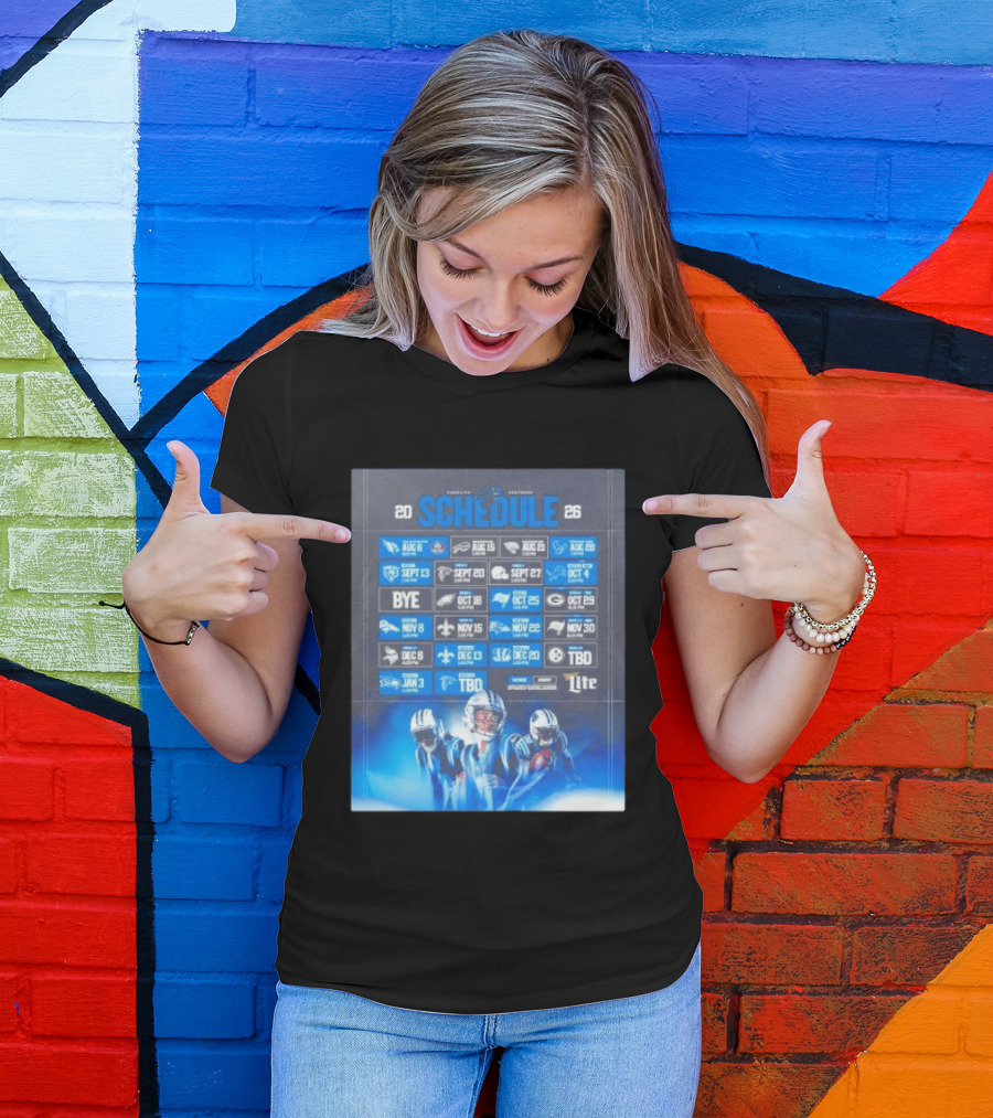 Carolina Panthers 2026 Game Schedule With Player Imagery And Opponent Logos T-Shirt