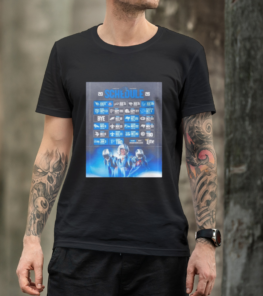 Carolina Panthers 2026 Game Schedule With Player Imagery And Opponent Logos T-Shirt