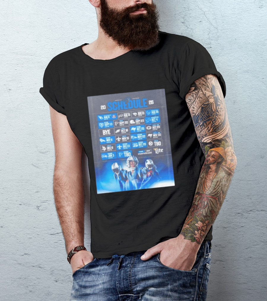Carolina Panthers 2026 Game Schedule With Player Imagery And Opponent Logos T-Shirt