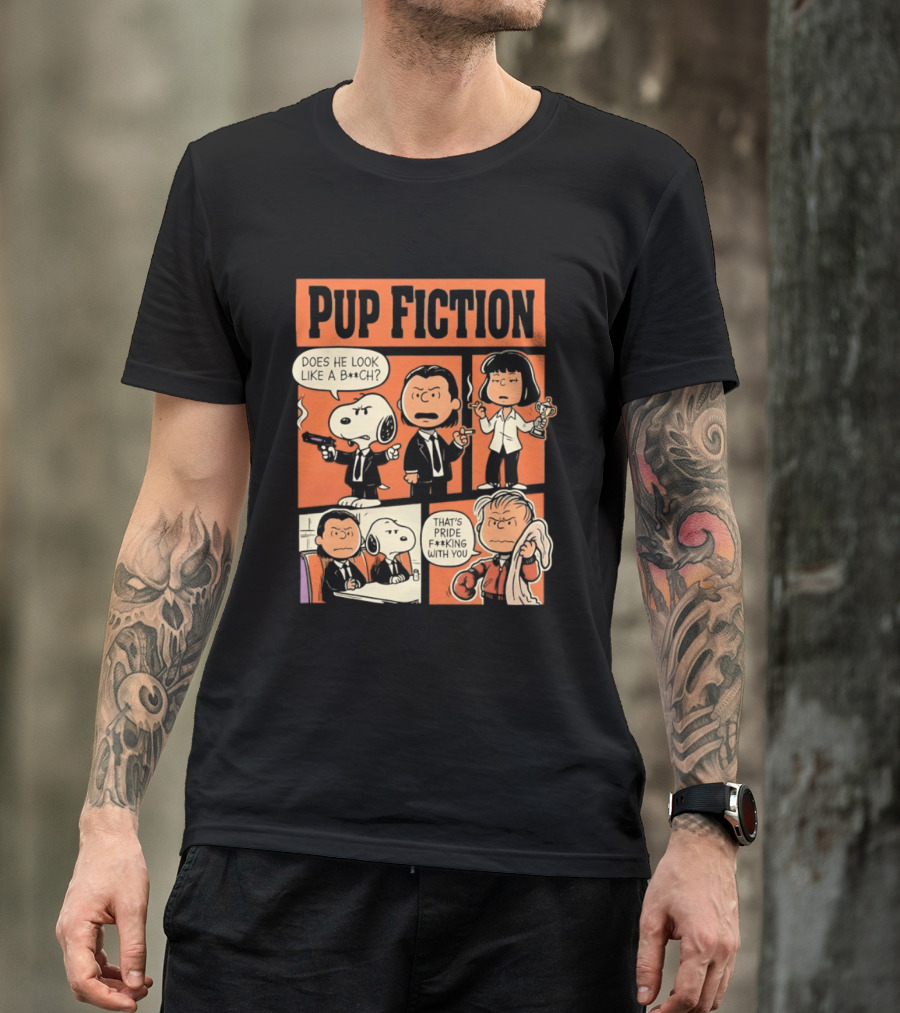 Pup Fiction Peanuts And Pulp Fiction Characters Mashup T-Shirt