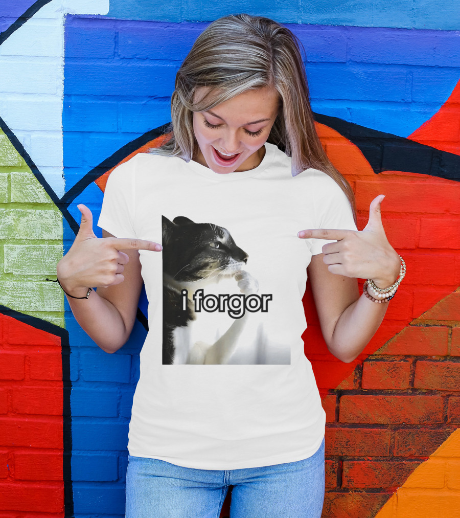 Cat I Forgor Meme Digital Image Paw Licking Pensive Moment T-Shirt