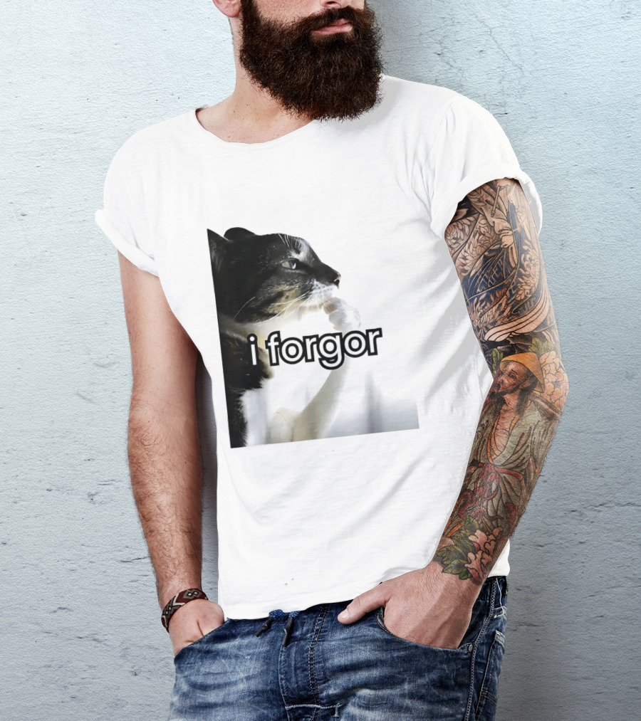 Cat I Forgor Meme Digital Image Paw Licking Pensive Moment T-Shirt