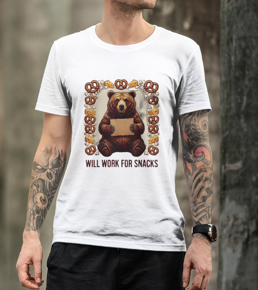 Bear Holding Cardboard Surrounded By Pretzels Cheese Popcorn Will Work For Snacks T-Shirt