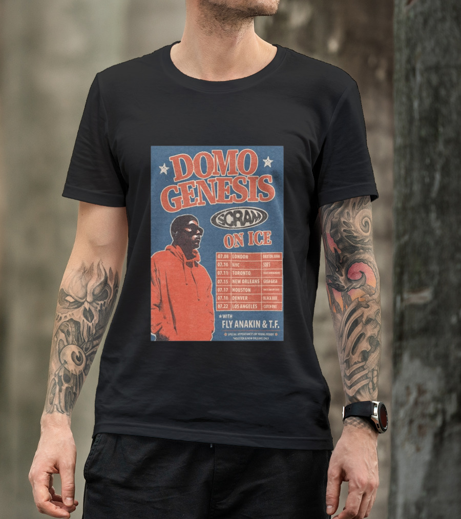 Domo Genesis Scram On Ice World Tour 2026 With Fly Anakin And T.F. London NYC Toronto New Orleans Houston Denver Los Angeles T-Shirt