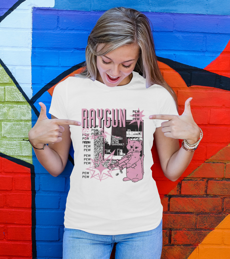 RAYGUN Cat Pew Pew Sci Fi Retro Feline Blaster Adventure T-Shirt
