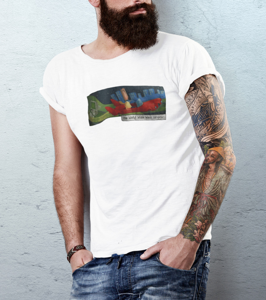 The World Wide Wait Is Over Red Car Cityscape Adventure T-Shirt