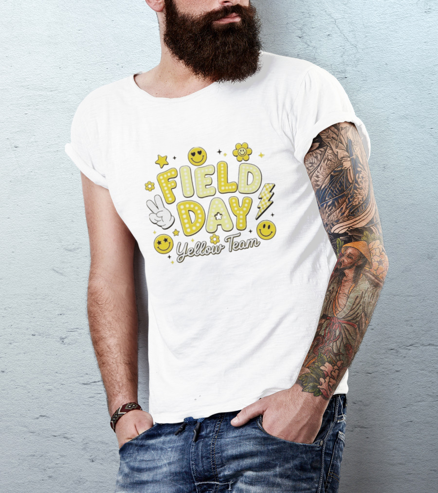 Field Day Yellow Team Smiley Faces Peace Sign Stars And Lightning Bolt T-Shirt