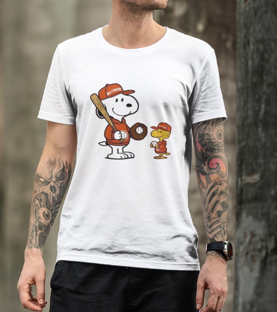 Snoopy Woodstock Baseball Baltimore Orioles Fan Gear T-Shirt