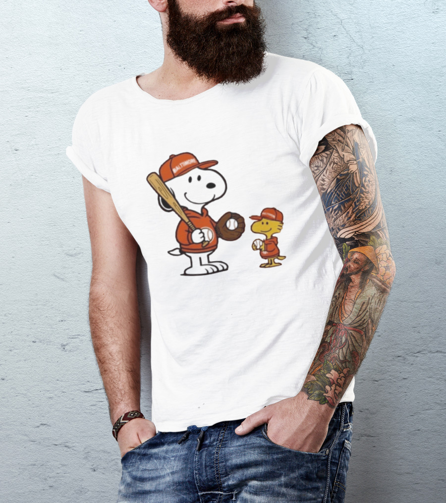 Snoopy Woodstock Baseball Baltimore Orioles Fan Gear T-Shirt