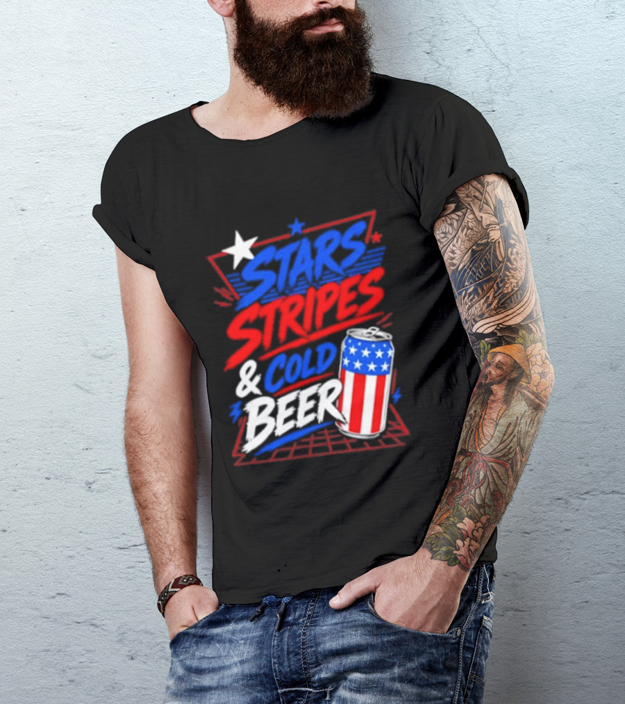 Stars Stripes And Cold Beer American Flag Can Patriotic Celebration T-Shirt