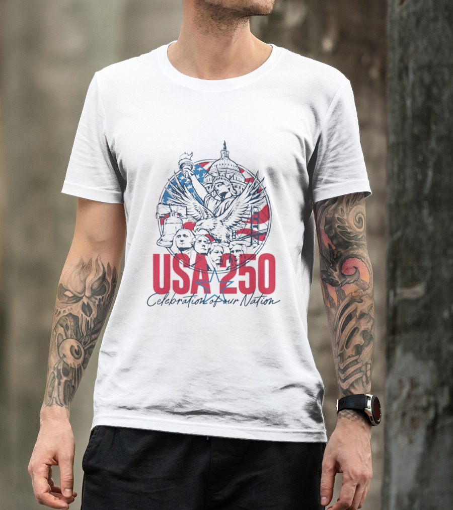 USA 250 Celebration Of Our Nation Symbols Liberty Capitol Eagle Mount Rushmore T-Shirt