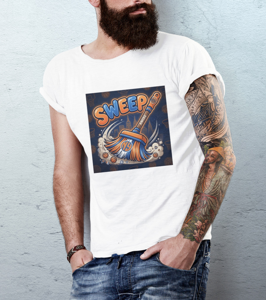 New York Knicks Sweep East Champs Basketball Skyline Broom T-Shirt