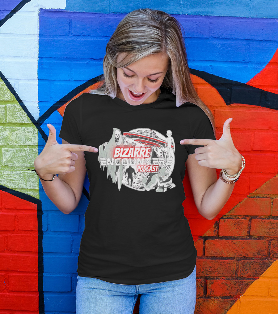 Bizarre Encounters Podcast UFO Aliens Skeletons Paranormal Illustrations T-Shirt