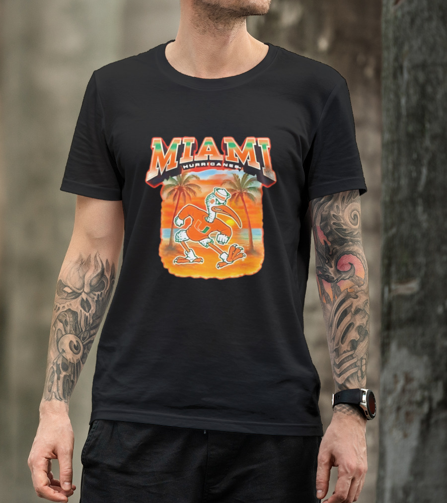 Miami Hurricanes Sebastian With Palm Trees And Sunset Beach Scene T-Shirt