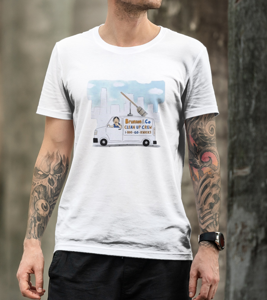 Brunson & Co Clean Up Crew 1 800 Go Knicks Skyline Van With Broom T-Shirt