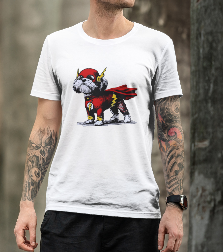 Shih Tzu Dog In The Flash Superhero Costume With Lightning Bolt T-Shirt