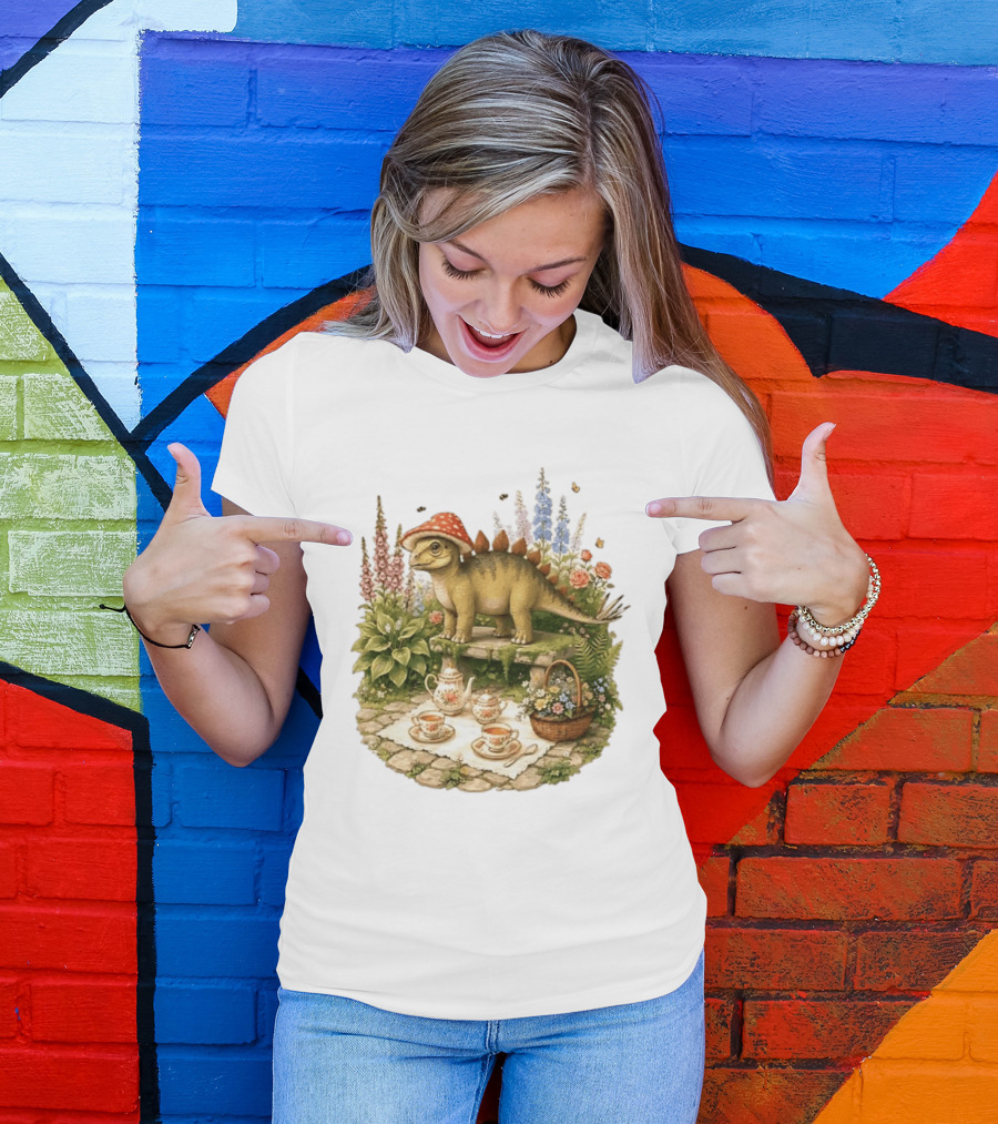 Baby Stegosaurus Wearing Red Mushroom Hat With Vintage Tea Party Garden Scene T-Shirt