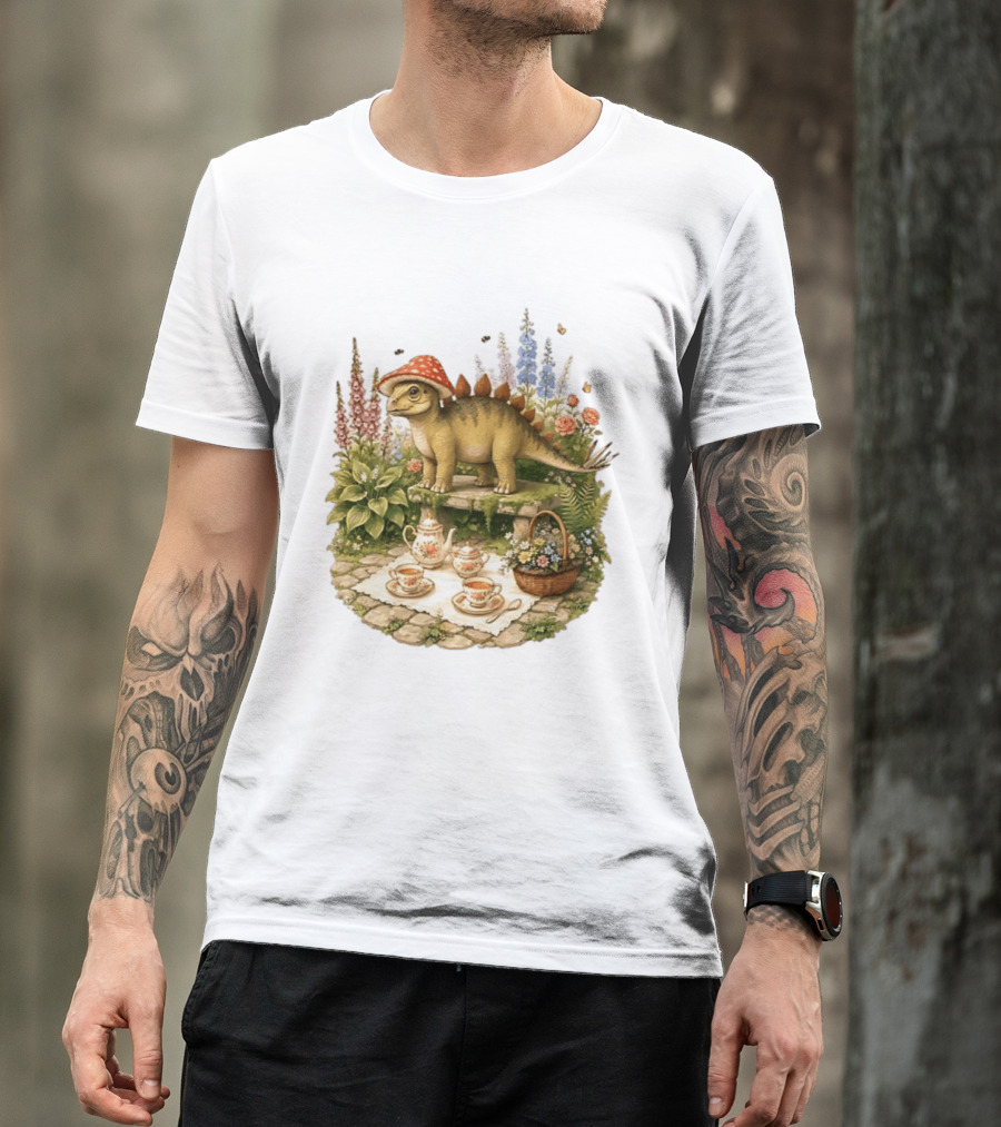 Baby Stegosaurus Wearing Red Mushroom Hat With Vintage Tea Party Garden Scene T-Shirt
