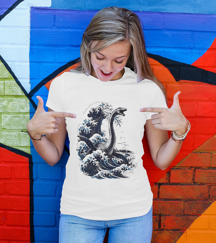 Great Wave Off Kanagawa Loch Ness Monster Mount Fuji Fusion T-Shirt