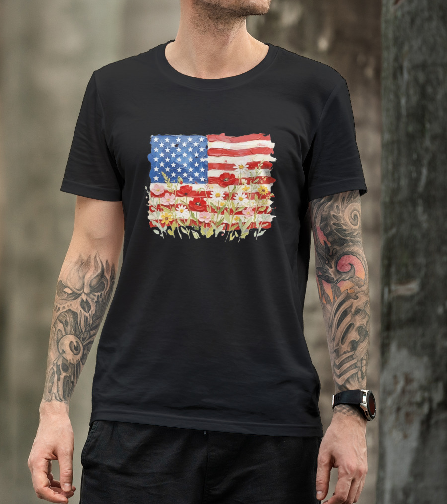 Floral American Flag With Impasto Texture And Flowers T-Shirt