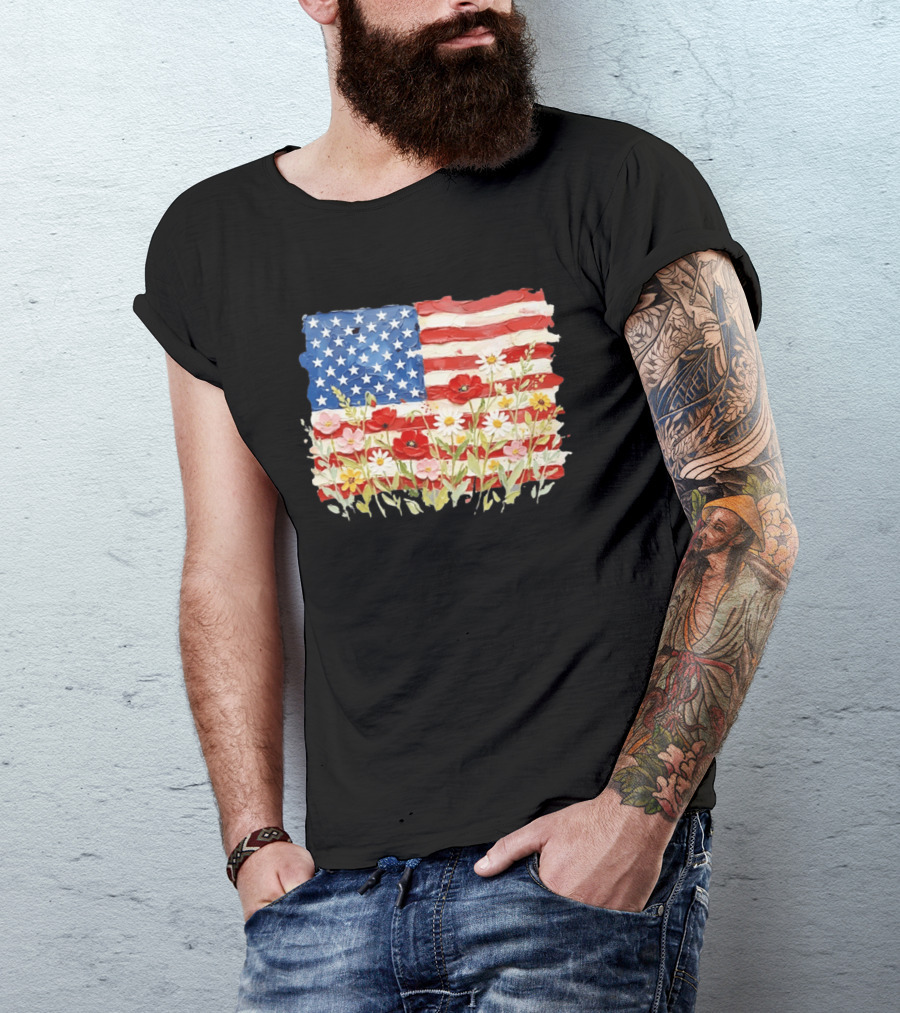 Floral American Flag With Impasto Texture And Flowers T-Shirt