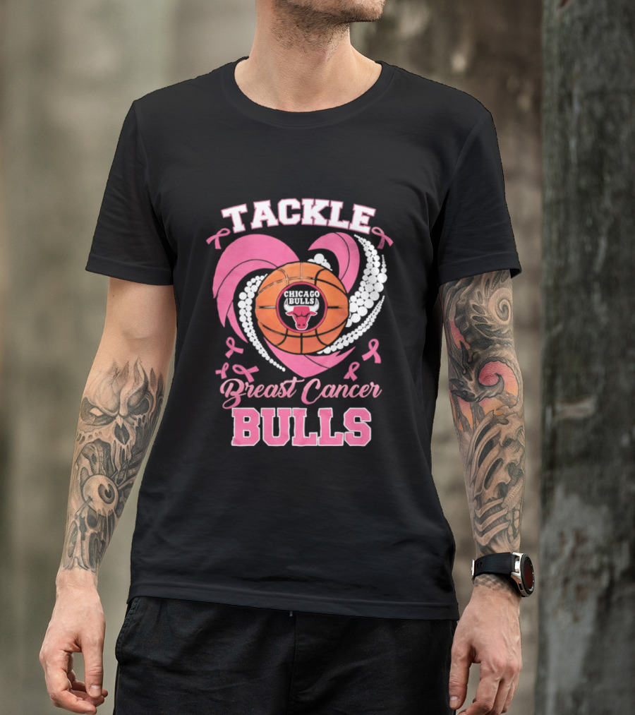 Tackle Breast Cancer Bulls Heart Pink Ribbons T-Shirt