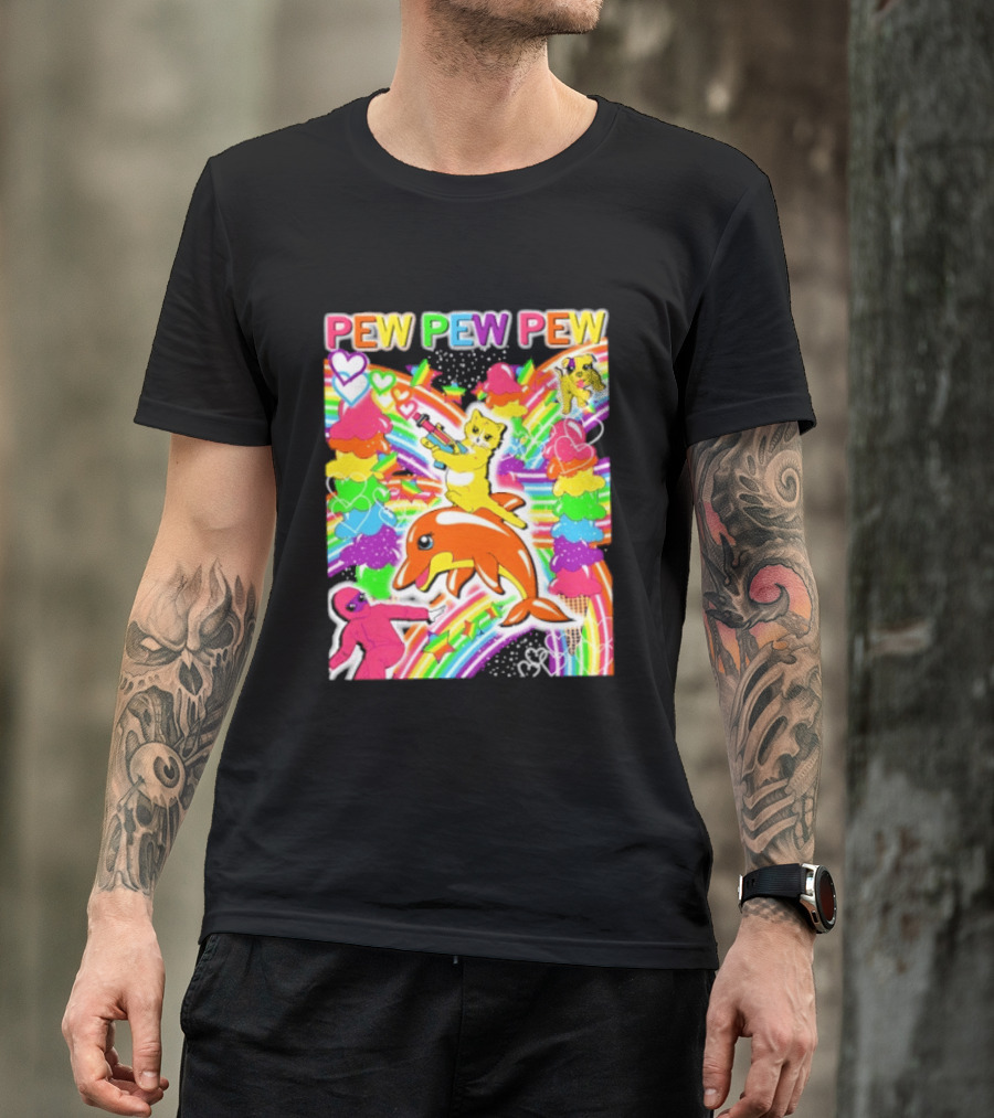 Pew Pew Pew Rainbow Pride Fun With Colorful Dolphins And Hearts T-Shirt