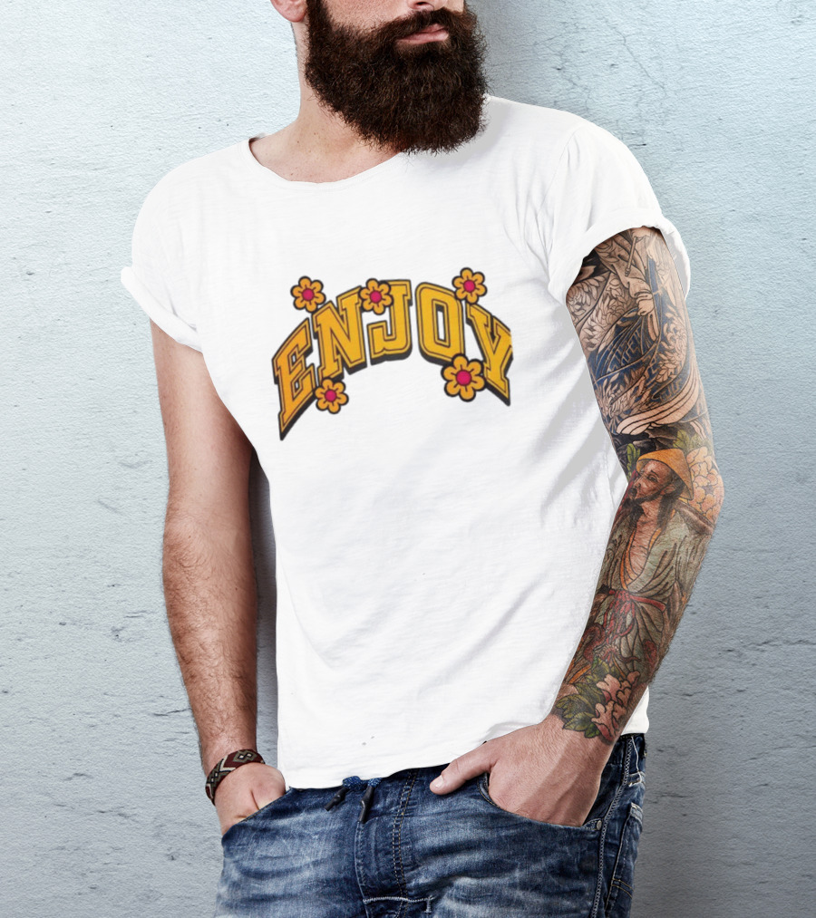 Enjoy Curved Flowers Yellow Font Floral Blossoms T-Shirt