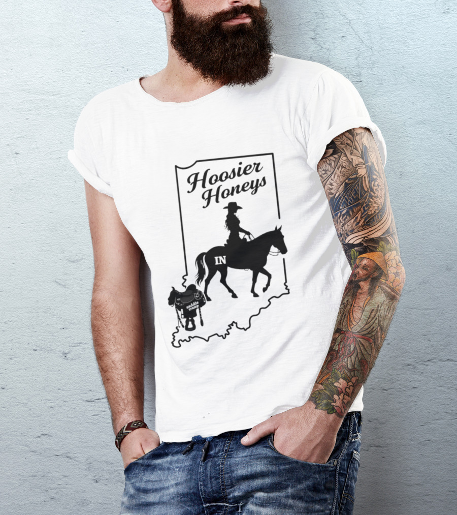 Hoosier Honeys Saddle Tramp Indiana State Map IN Horseback T-Shirt