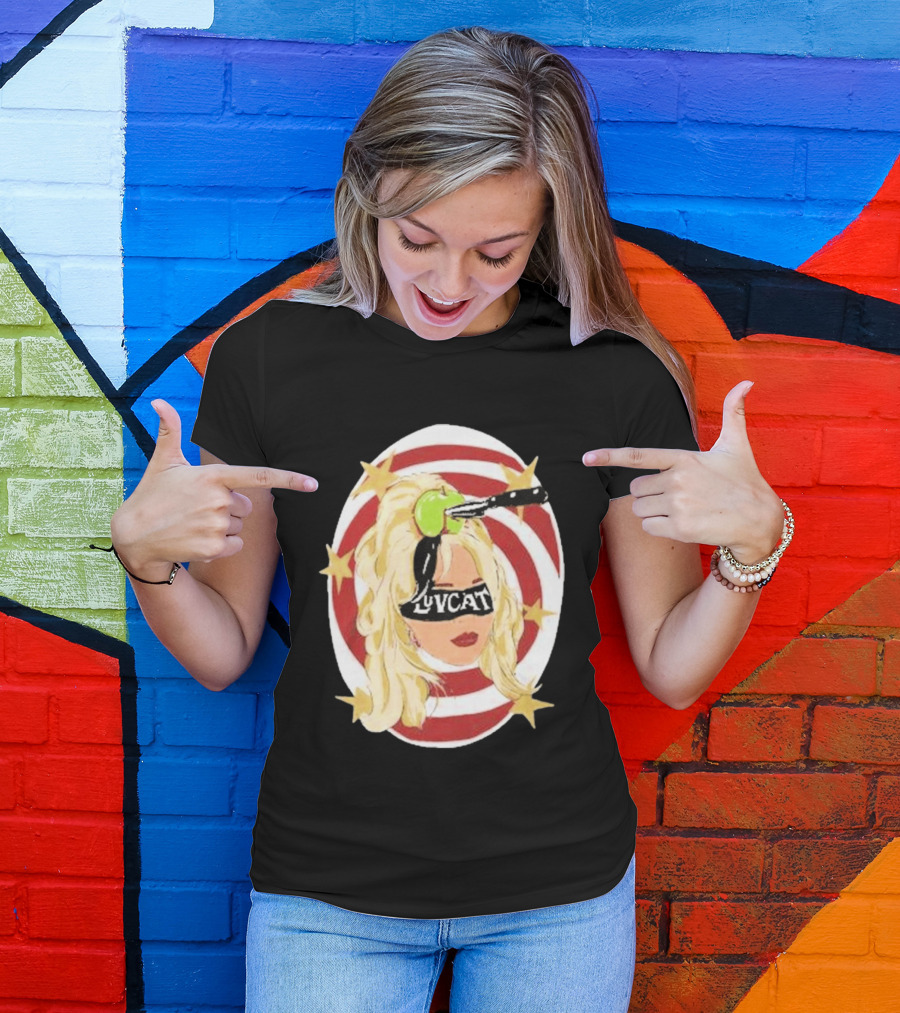 Luvcat Blonde Woman Bullseye Knife Apple Starburst T-Shirt