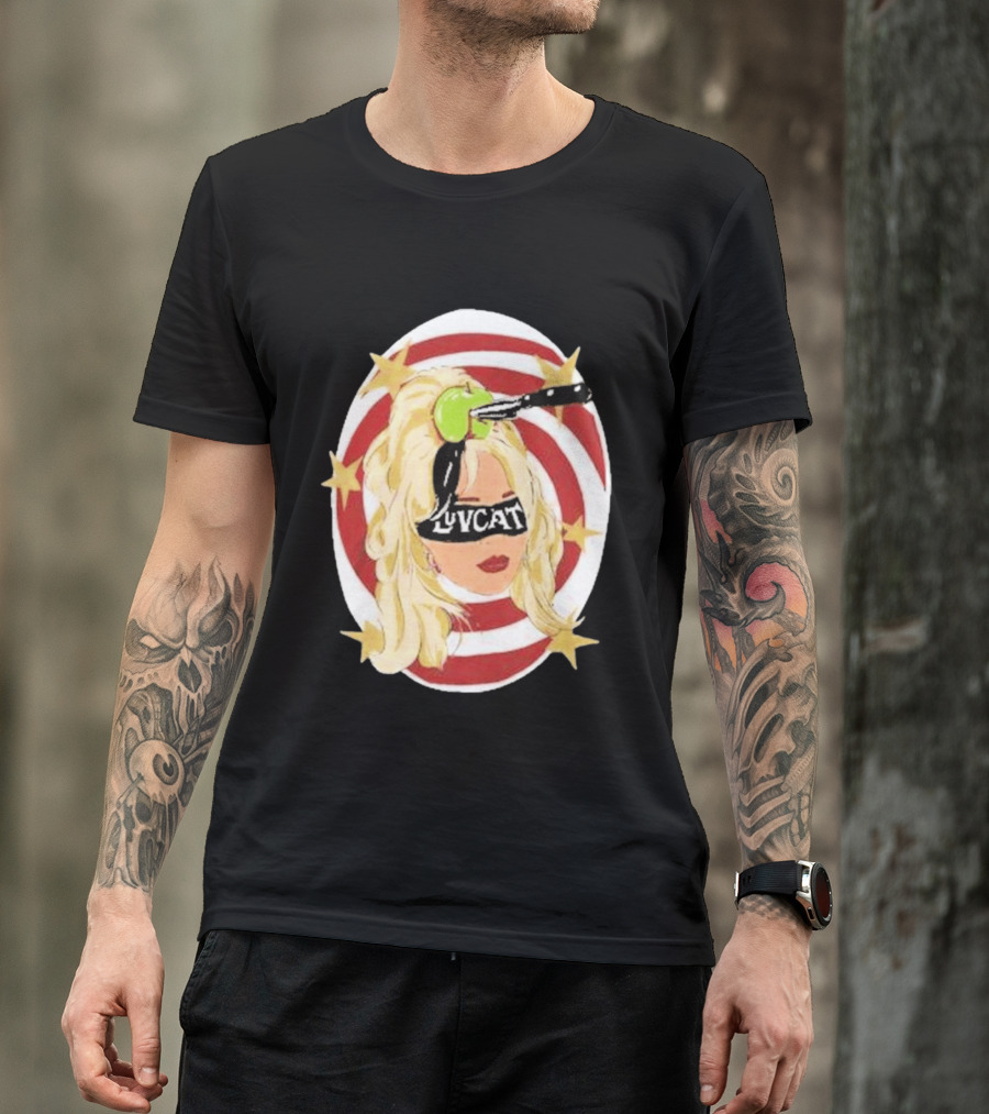 Luvcat Blonde Woman Bullseye Knife Apple Starburst T-Shirt