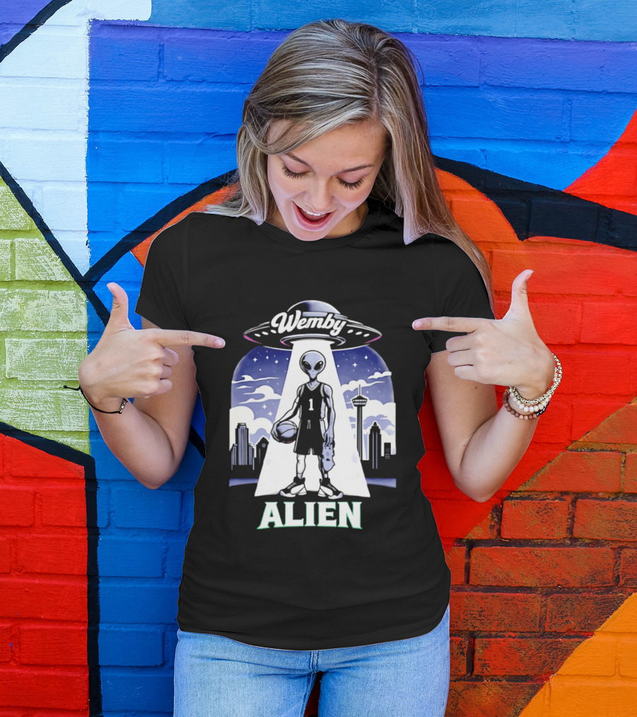 Wemby Alien Basketball UFO Skyline T-Shirt