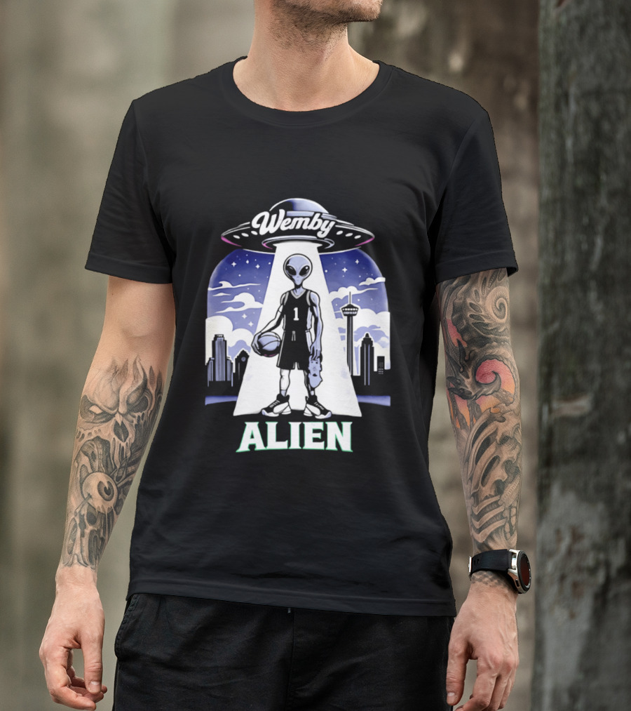 Wemby Alien Basketball UFO Skyline T-Shirt