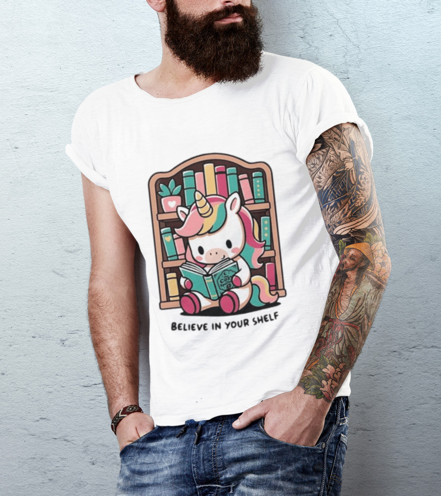 Unicorn Reading Believe In Your Shelf Bookshelf Magic T-Shirt