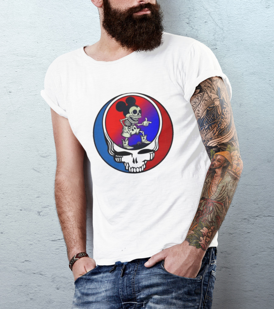 Mickey Mouse Skeleton With Grateful Dead Skull And Roses T-Shirt