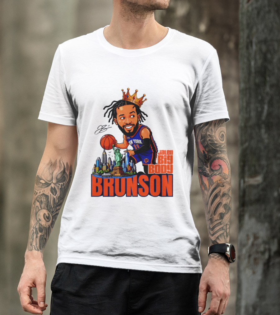 Jalen Brunson King Of NY Caricature With Statue Of Liberty And New York Skyline T-Shirt