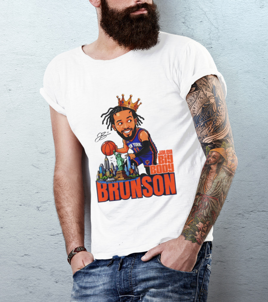 Jalen Brunson King Of NY Caricature With Statue Of Liberty And New York Skyline T-Shirt