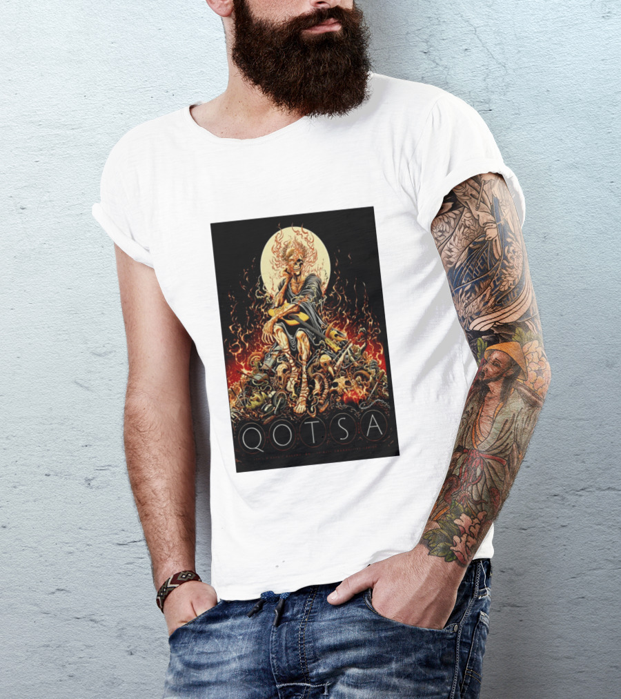 QOTSA April 8 2024 Calgary Communities Centre Flaming Skeleton Throne T-Shirt