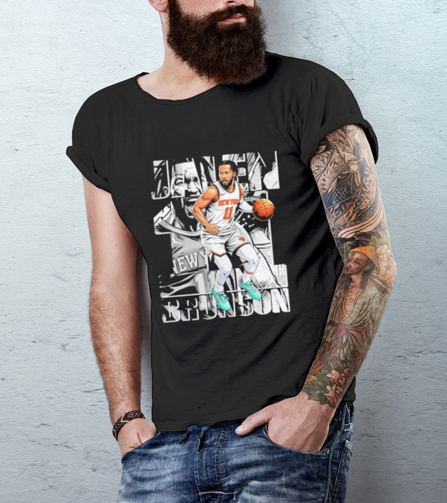 Jalen Brunson New York Number 11 Basketball Player Dribbling Action T-Shirt