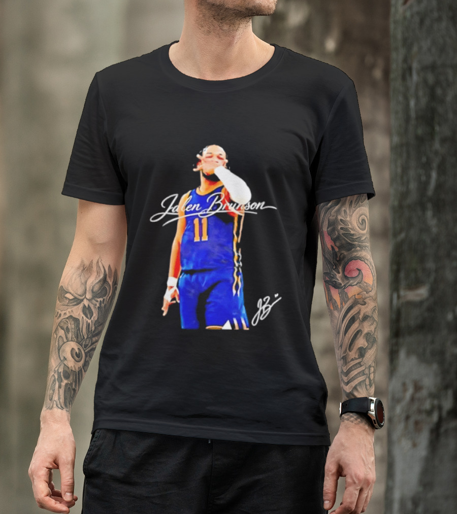 Jalen Brunson 11 Signature Gesture Basketball Blue Uniform T-Shirt