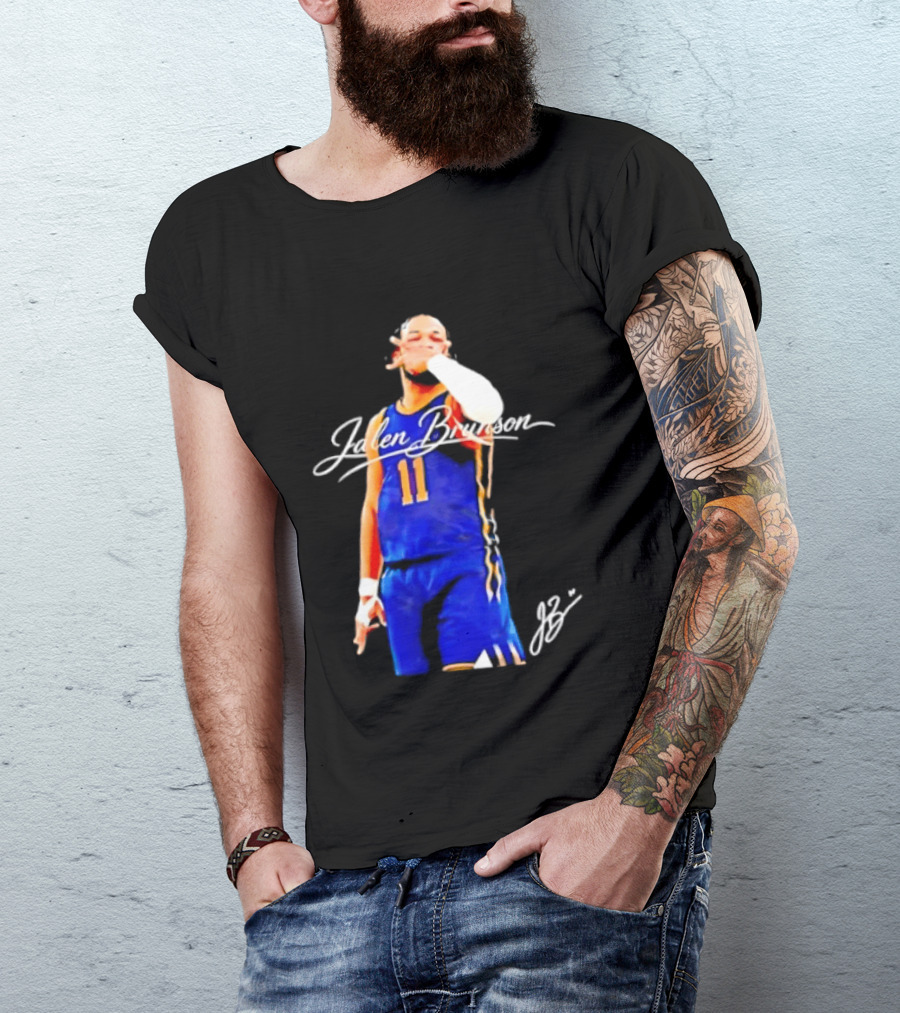 Jalen Brunson 11 Signature Gesture Basketball Blue Uniform T-Shirt