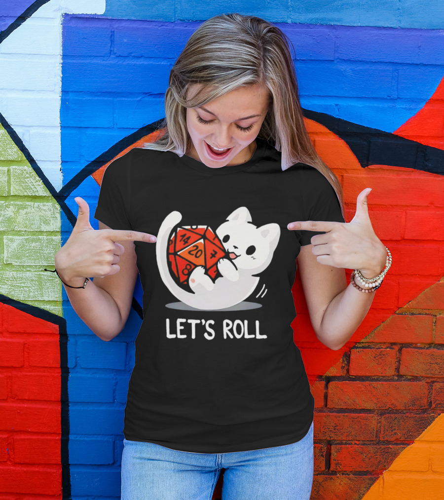 Let's Roll Cat Holding 20 Sided Die Dungeons And Dragons T-Shirt